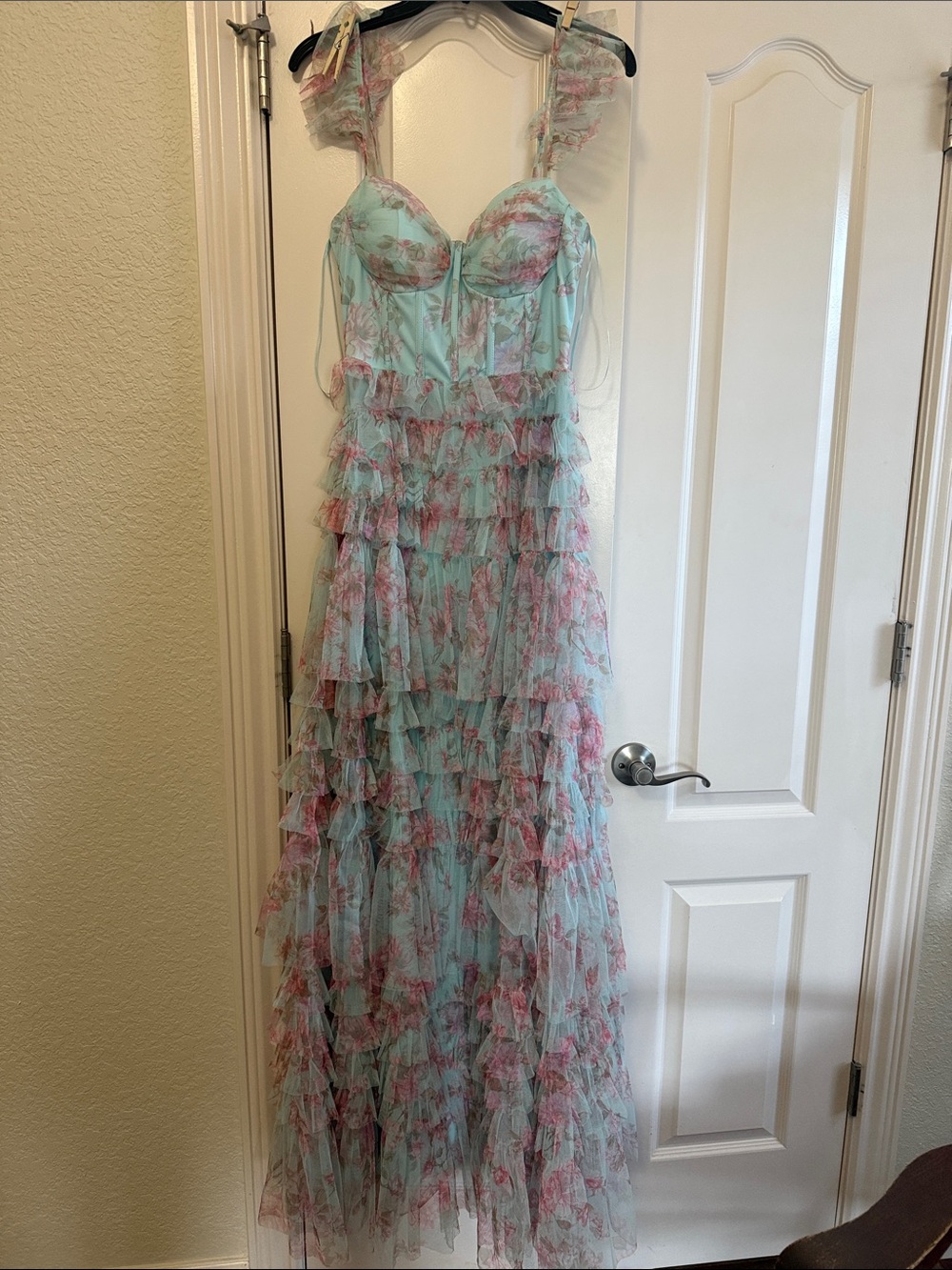 B Darlin Blue and Pink Ruffle Tulle Maxi Gown